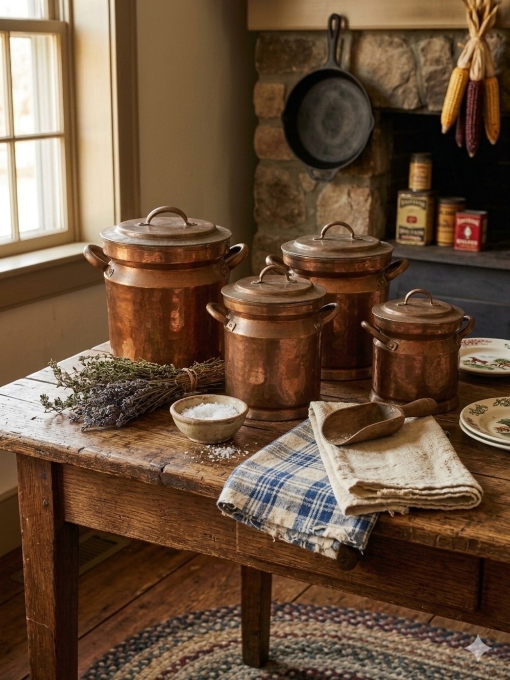 Vintage Hammered Copper Milk Can Canister Set - 4 Piece Farmhouse Kitchen